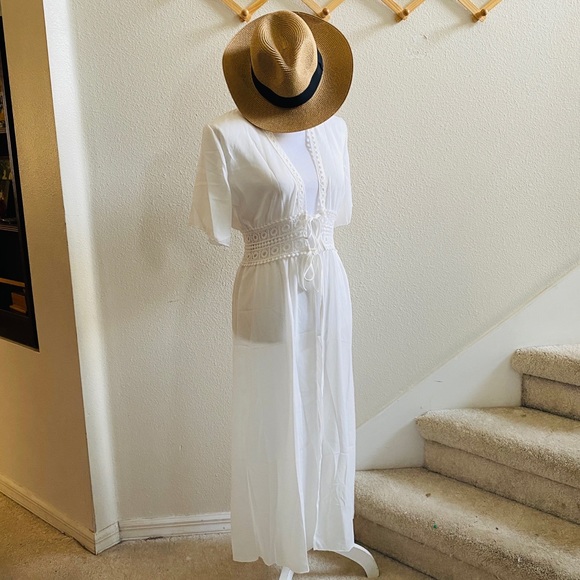 Boho beach dress coverup white crochet kimono top - Picture 6 of 7